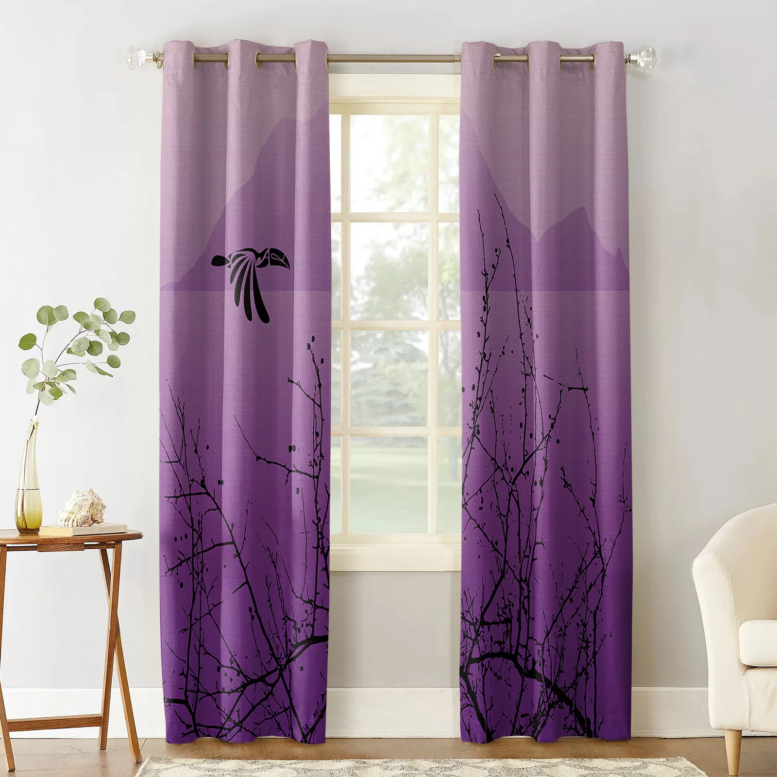 Purple Crow Branch Peak Gradient Black Print Window Curtains Luxury European Curtains for Living Room Balcony Hotel Cafe Drapes