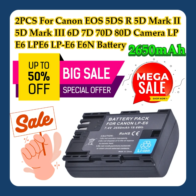 

2PCS For Canon EOS 5DS R 5D Mark II 5D Mark III 6D 7D 70D 80D Camera 2650mAh LP E6 LPE6 LP-E6 E6N Battery