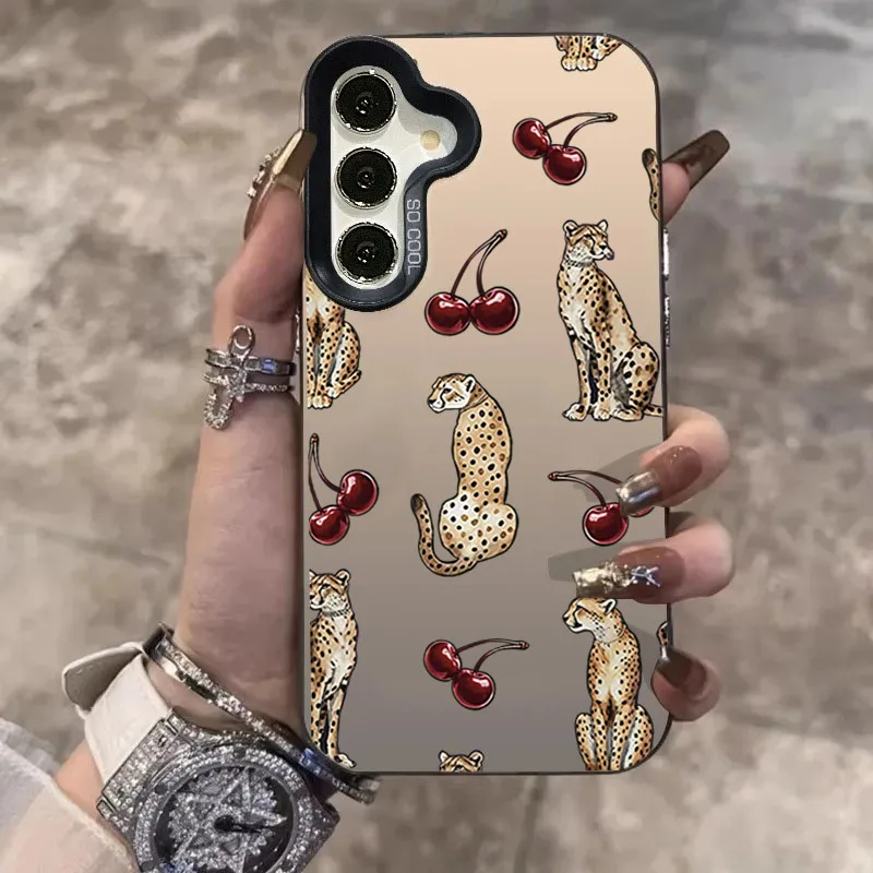 Cherry Leopard Design Laser Phone Case For Samsung Galaxy S25 FE Cases S24 Ultra S23 S22 Plus A56 A55 A54 A53 A36 A26 A16 Cover