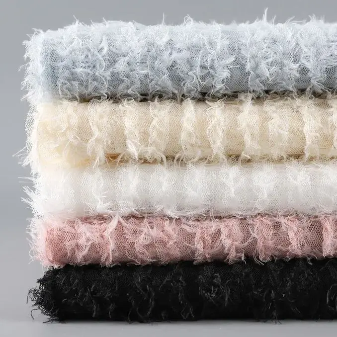 

Latest tasseled feather mesh fabric, sheer sexy 3D cut flower plush lace fabric, designer fabric sold by the meter