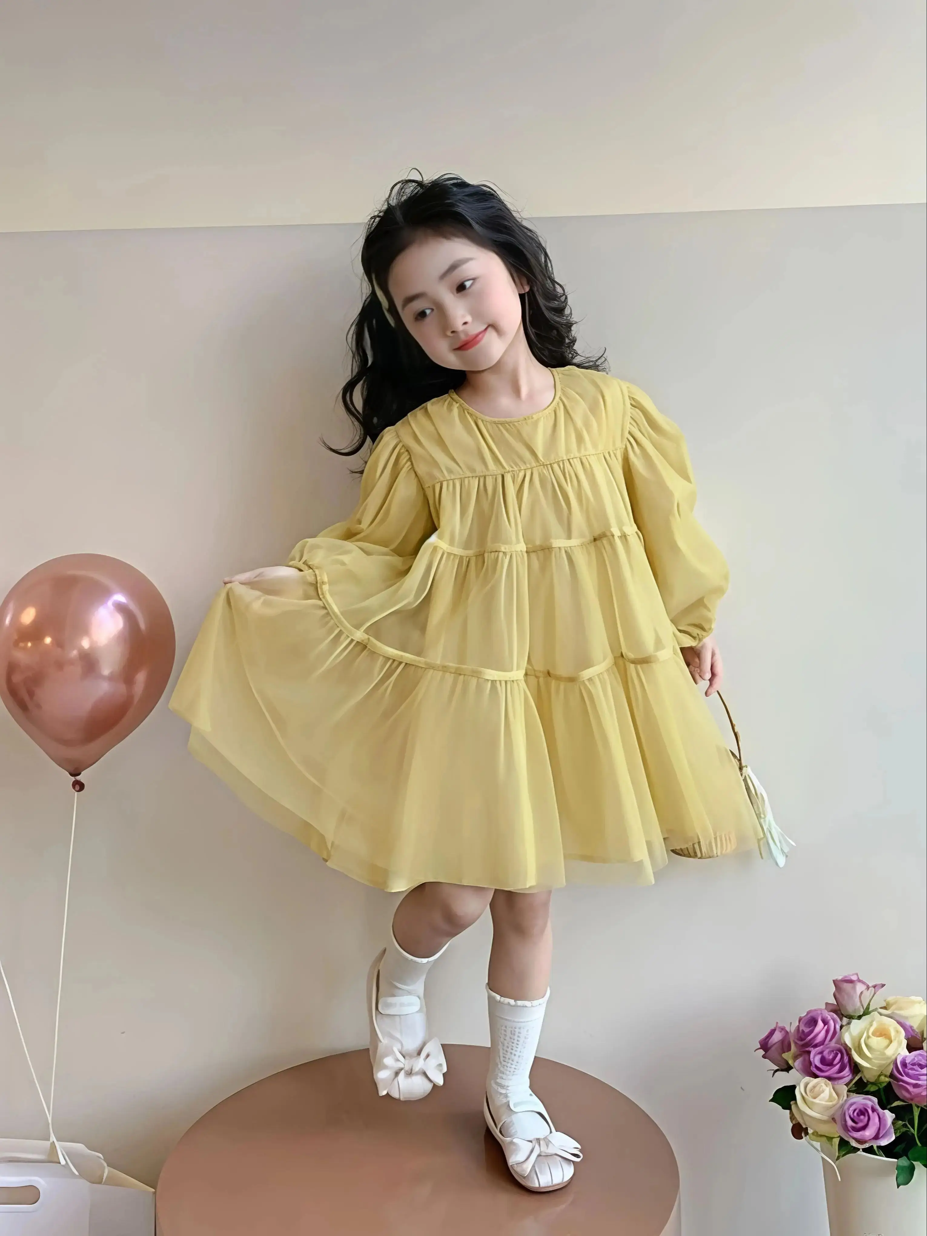 Korean Style Sweet Princess Spring Autumn Mesh Puffy Dress for Infants And Toddlers Popular Baby Girl's Clothing
