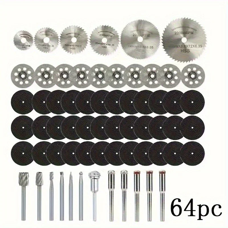 64Pcs /Set Mini Diamond Wheel Set - HSS Blades for Wood, Stone & Metal - Perfect Rotary Woodworking Toolkit with Resin Mandrels & Accessories