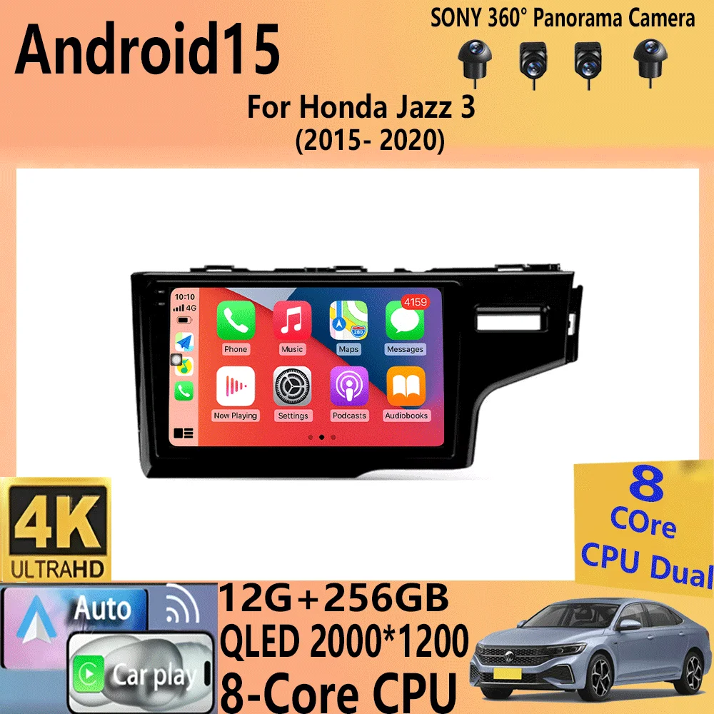 Car Radio Android 15 Carplay For Honda Jazz 3 2015-2020 Fit 3 GP GK 2013-2020 RHD Multimedia Video Player Stereo GPS Head Unit