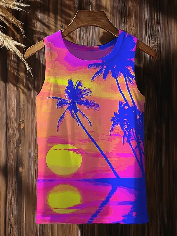 

Men's Hawaiian Sunset Scenery Art Tank Tops Summer 3D Coconut Tree Print Hawaiian Vests Summer Tops Casual Sports Sleeveless Tee