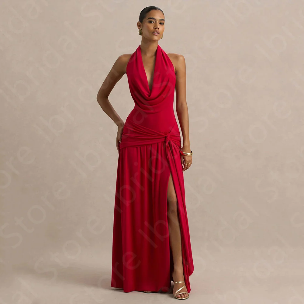 

Customized New Arrival Prom Gowns Sleeveless Prom Party Dresses Sexy Open Back Halter Neck Wedding Guest Gowns Thigh Slit