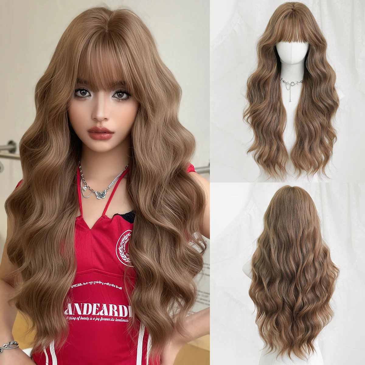 7JHH WIGS Lange Wasserwellen-Braunperücke für Frauen, Synthetische Hitzebeständige Modische Perücke zum Sofortigen Tragen, Schokoladenbraune Perücken mit Gepflegtem Pony