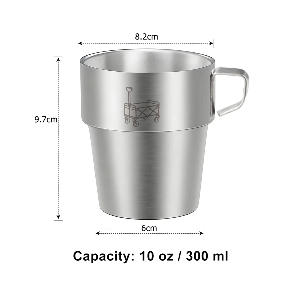 4er-Pack Campingbecher aus Edelstahl mit Griff, 10 Unzen, doppelwandig, stapelbar, Camping-Kaffeebecher mit Netztasche für Outdoor-Reisen – Detail 2