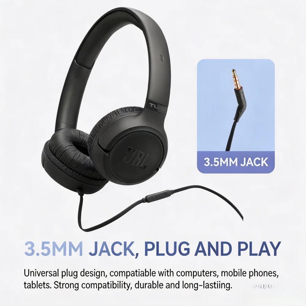 Original 100% JBL 530 Wired On-Ear Headphones JBL Pure Bass 3.5mm In-Line Mic 2