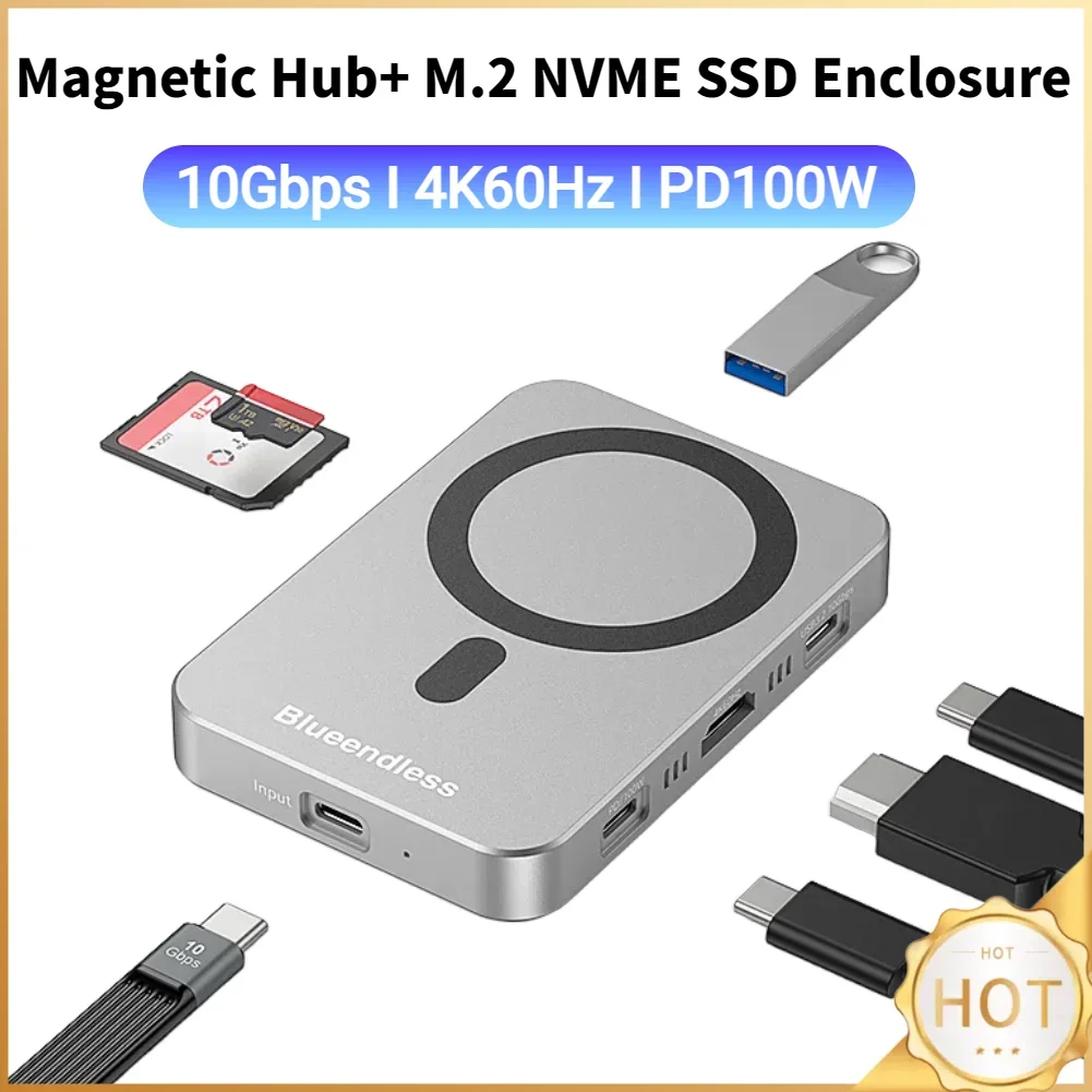 

Док-станция для магнитного SSD-накопителя 10 Гбит/с с охлаждающим вентилятором, 2-в-1, считыватель карт NVMe, USB-C для iPhone 16/16 Pro/iPhone 15/15 Pro