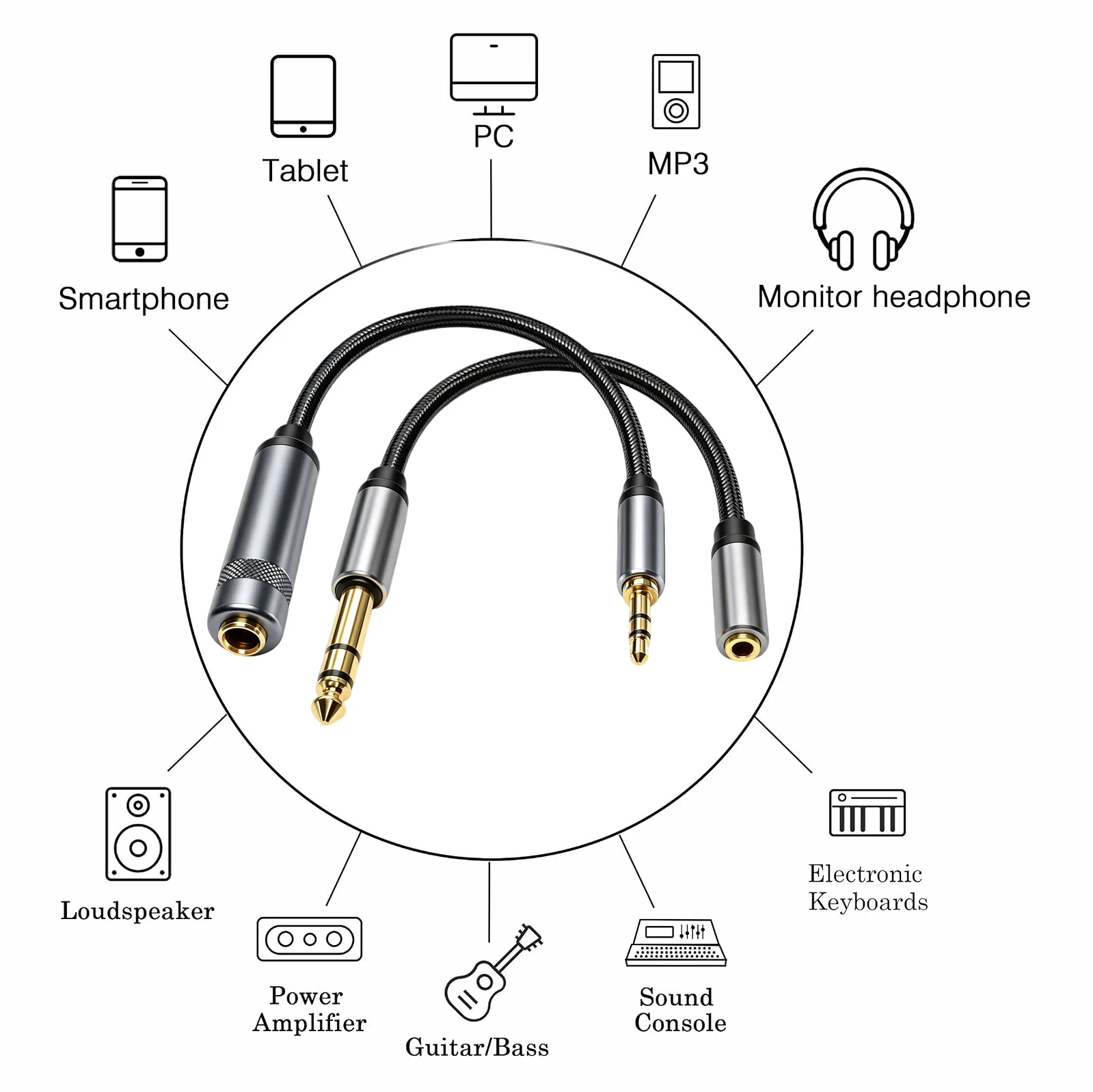 Gold‑Plated 6.35mm 3.5mm TRS Stereo Audio Braided Cable Male to Female Adapter Cord for Headphones Mixers Amplifiers Speakers