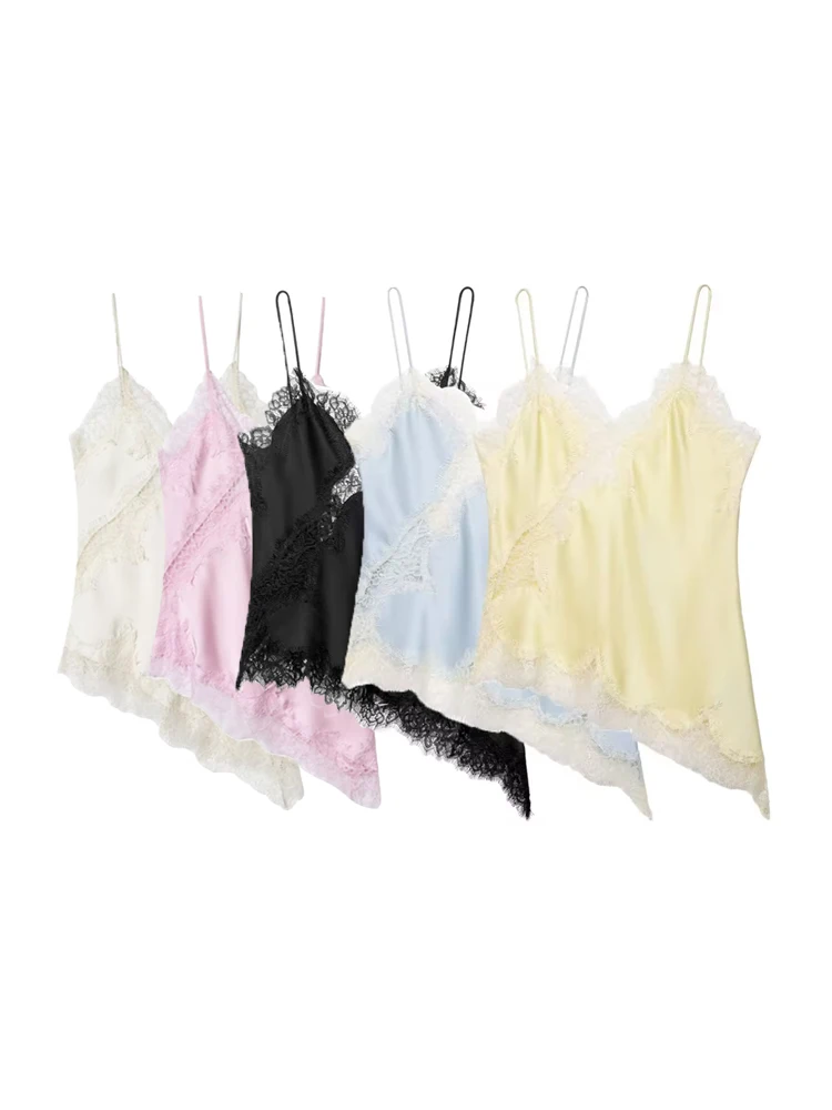 Frauen Asymmetrische Tank Top V-ausschnitt Spitze Appliques Dünnen Riemen Leibchen Mode Weibliche Top Mujer