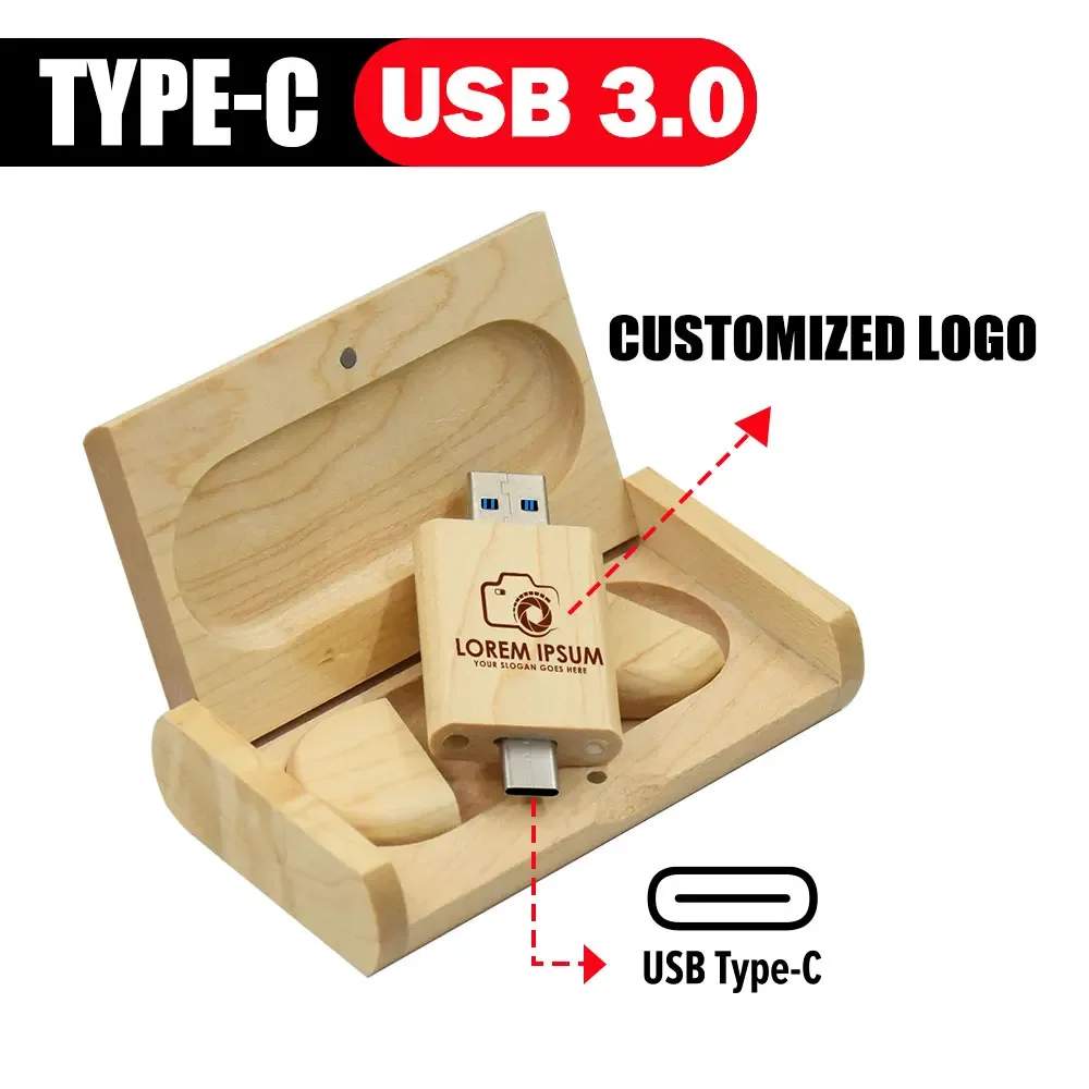 USB Flash Drive TYPE-C 2 in 1 Memory Stick 3.0 ไม้ Pendrive 4GB 8GB 16GB 32GB 64GB 128GB ไดรฟ์ปากกาฟรีโลโก้งานแต่งงานของขวัญ