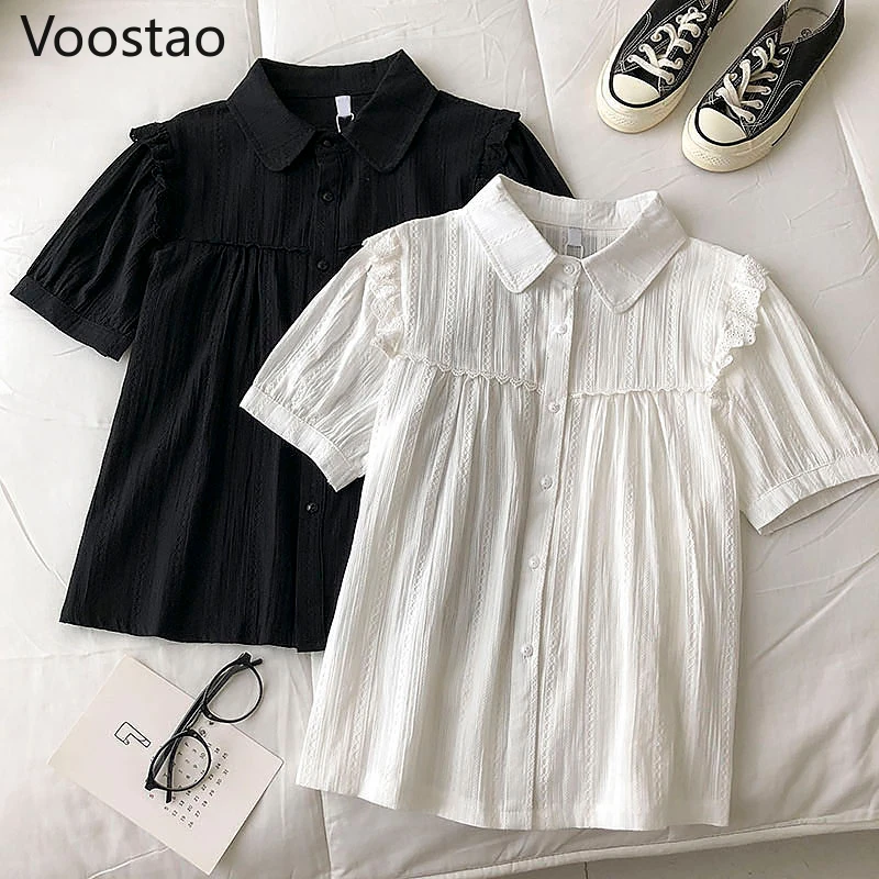 Blusa de estilo Lolita para Mujer, camisa de encaje con volantes, manga corta, color blanco