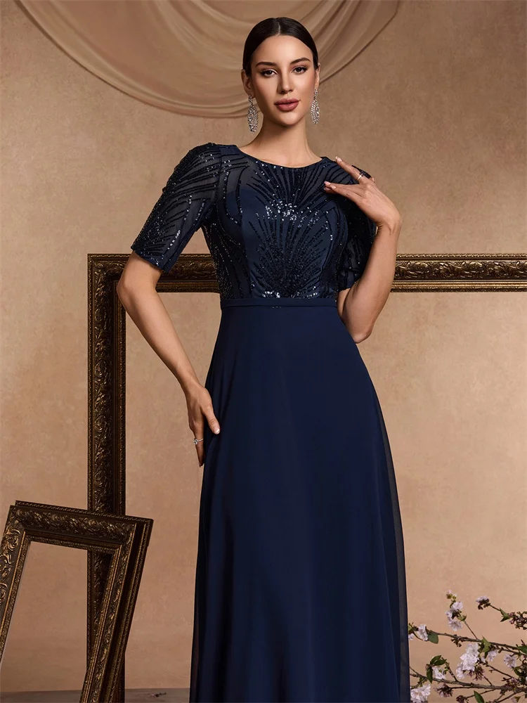 BLUEPLUM elegante korte mouwen blauwe pailletten avondjurk luxe vrouwen chiffon zeemeermin bruidsmeisje partij maxi prom jurken