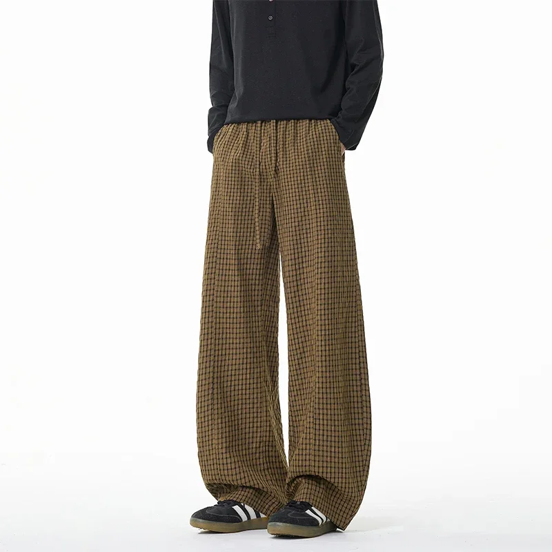 Mens Wrinkled Checkered Harem Pants Elastic Drawstring Waist Baggy Fit Soft Fabric Vacation Daily Casual Trousers