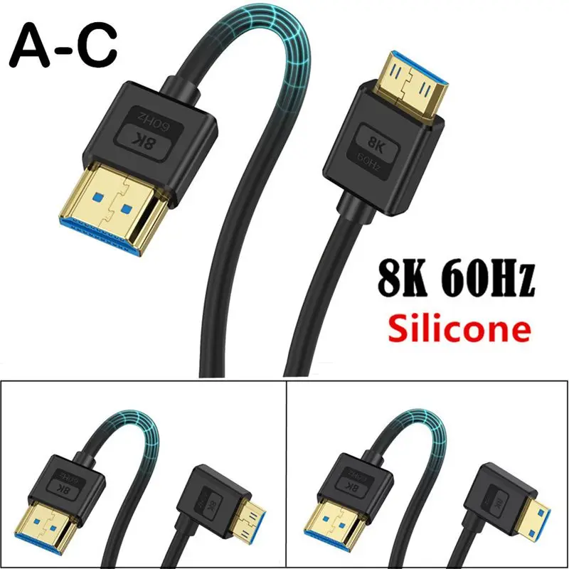 8K Bend Mini HDMI to HDMI Compatible Male to Male Laptop Tablet Phone Camera Connection TV Projector Silicone Connection Cable