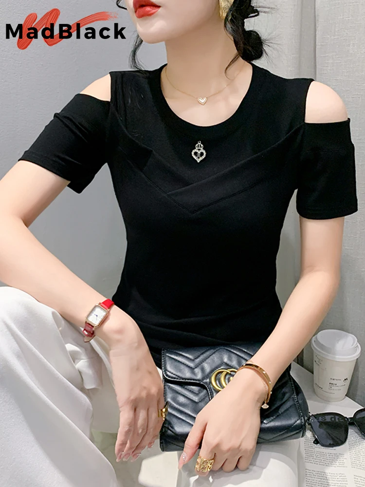 MadBlack Summer European Clothes Off spalla Tshirt donna Sexy O Necks Slim Cotton top manica corta Tees 2023 nuovo T34435C