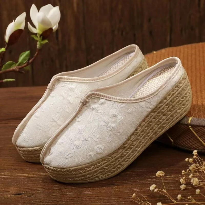 

Women's Ethnic Style Baotou Solid Wedges Canvas Slippers Summer Thick Sole Breathable Height Increasing Outdoor Half Slippers