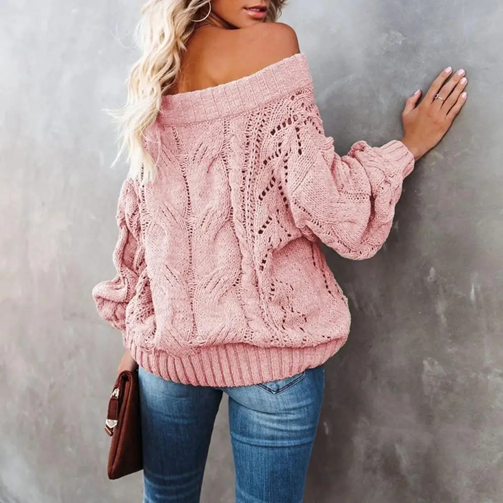 Autumn Women Sexy Off Shoulder Loose Knitted Top Femme Casual Long Sleeve Hook Flower Hollow Sweater Lady Streetwear y2k Tops