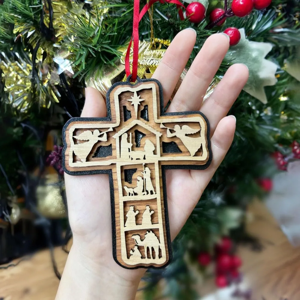 Pendant Necklace Cross Jesus Pendant Religious Wooden Christmas Decorations Crucifixion Cross Hanging Ornament