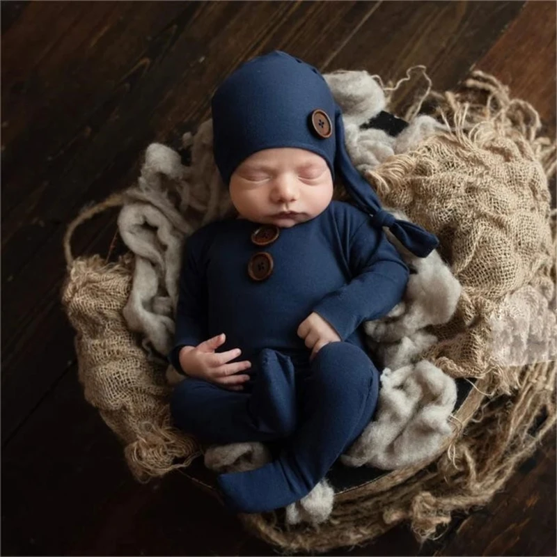 2 Pcs Newborn Photography Props Crochet Outfit Baby Romper Hat Set Infants Photo Shooting Beanies Cap Jumpsuit Bodysuit