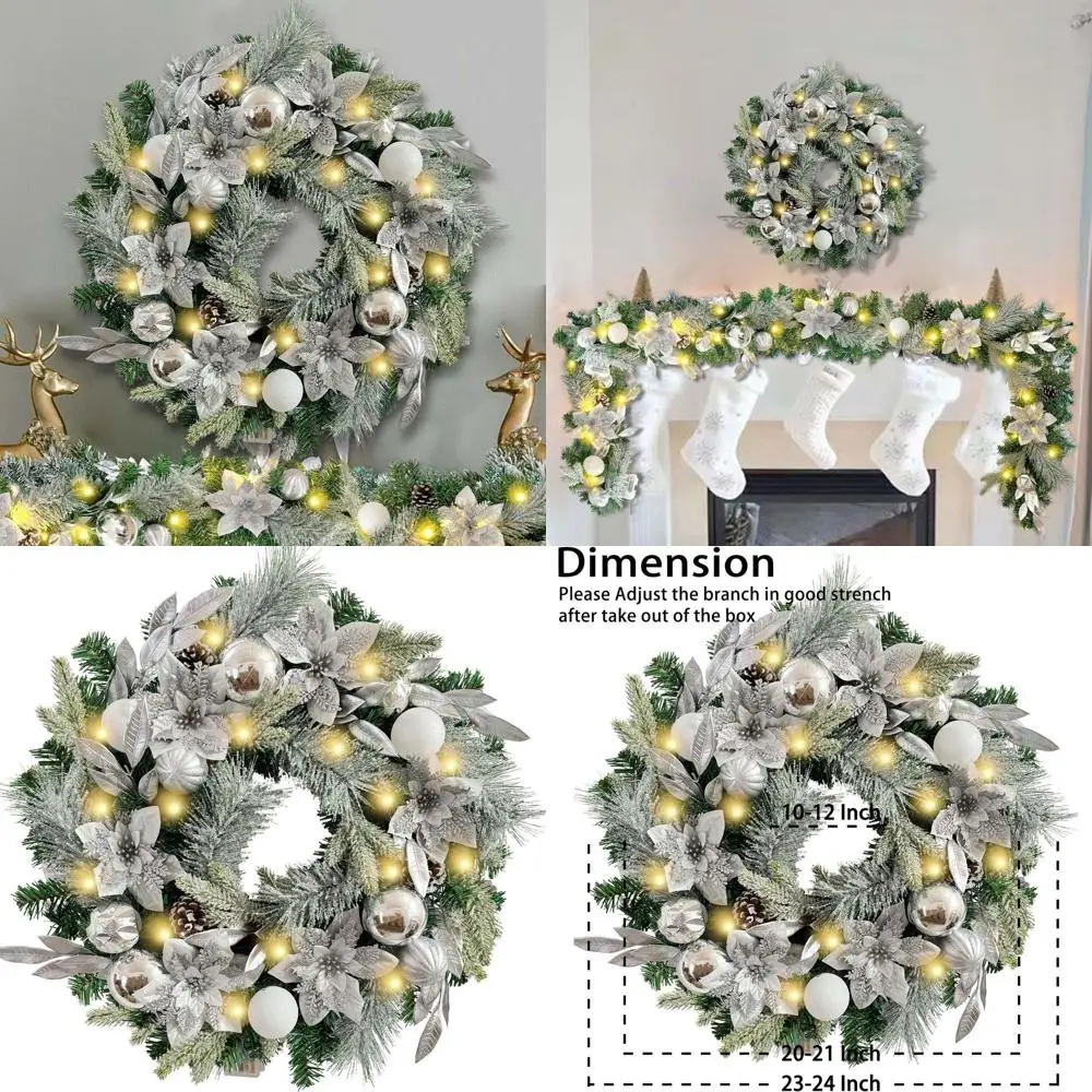

24 Inch Lighted Christmas Wreath with Silver White Balls, Poinsettia Flowers, 30 Battery-Powered LED Lights for Front Door Decor