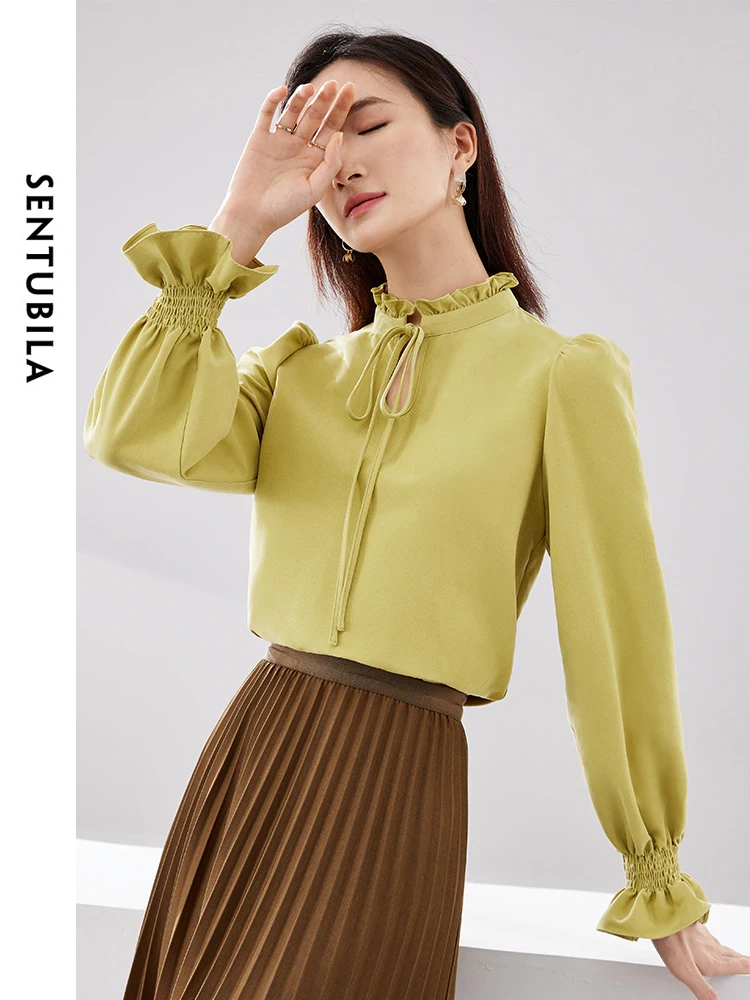 SENTUBILA Tied Ruffled Collar Blouses for Women 2024 Spring Autumn Elegant Smocked Long Sleeve Top Casual Shirt Blouse 141C52685