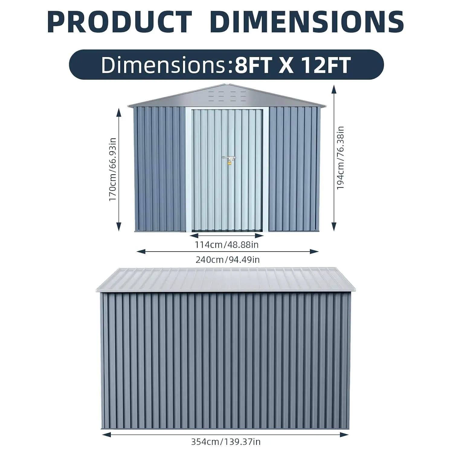 8x12FT Metal Storage Shed, Lockable Weatherproof Tool Shed, Galvanized Steel Roof Ventilation, Backyard, Customized