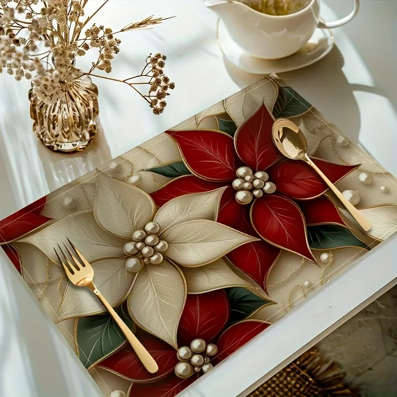 VIKAMA Red White Poinsettia Pearl Placemat Green Leaf Gold Table Placemat Dinner Mats Elegant Cozy Holiday Dinner Party