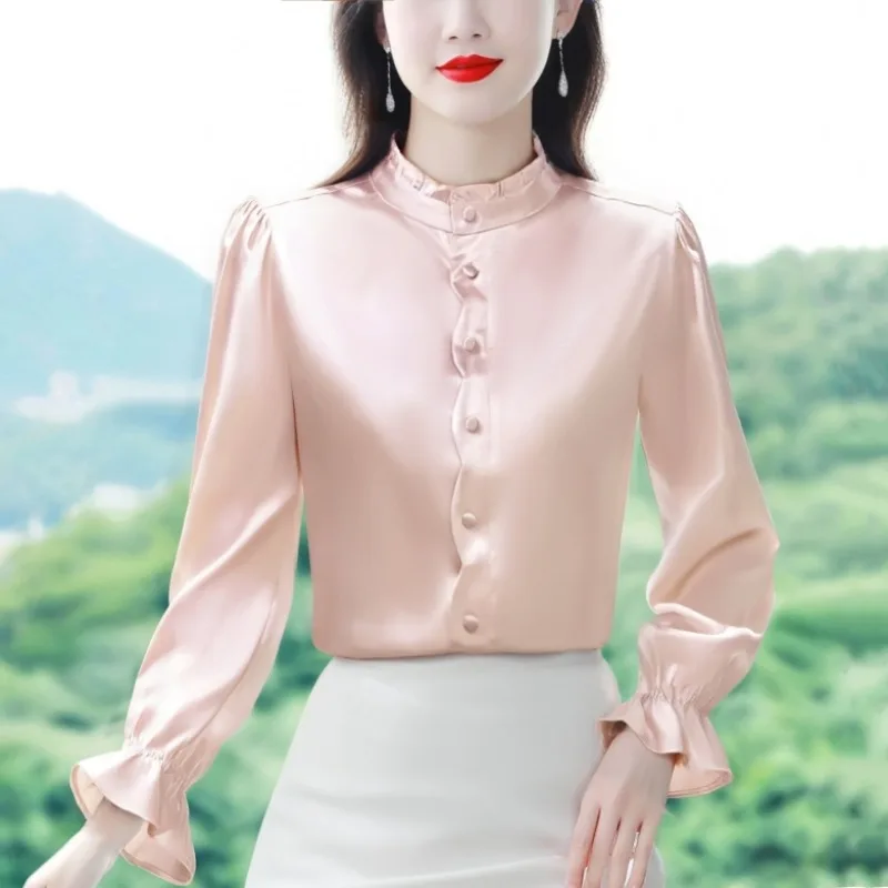 

2025 весенне-осенняя новая модная женская рубашка, корейская модная атласная блузка, расклешенные женские топы с длинными рукавами