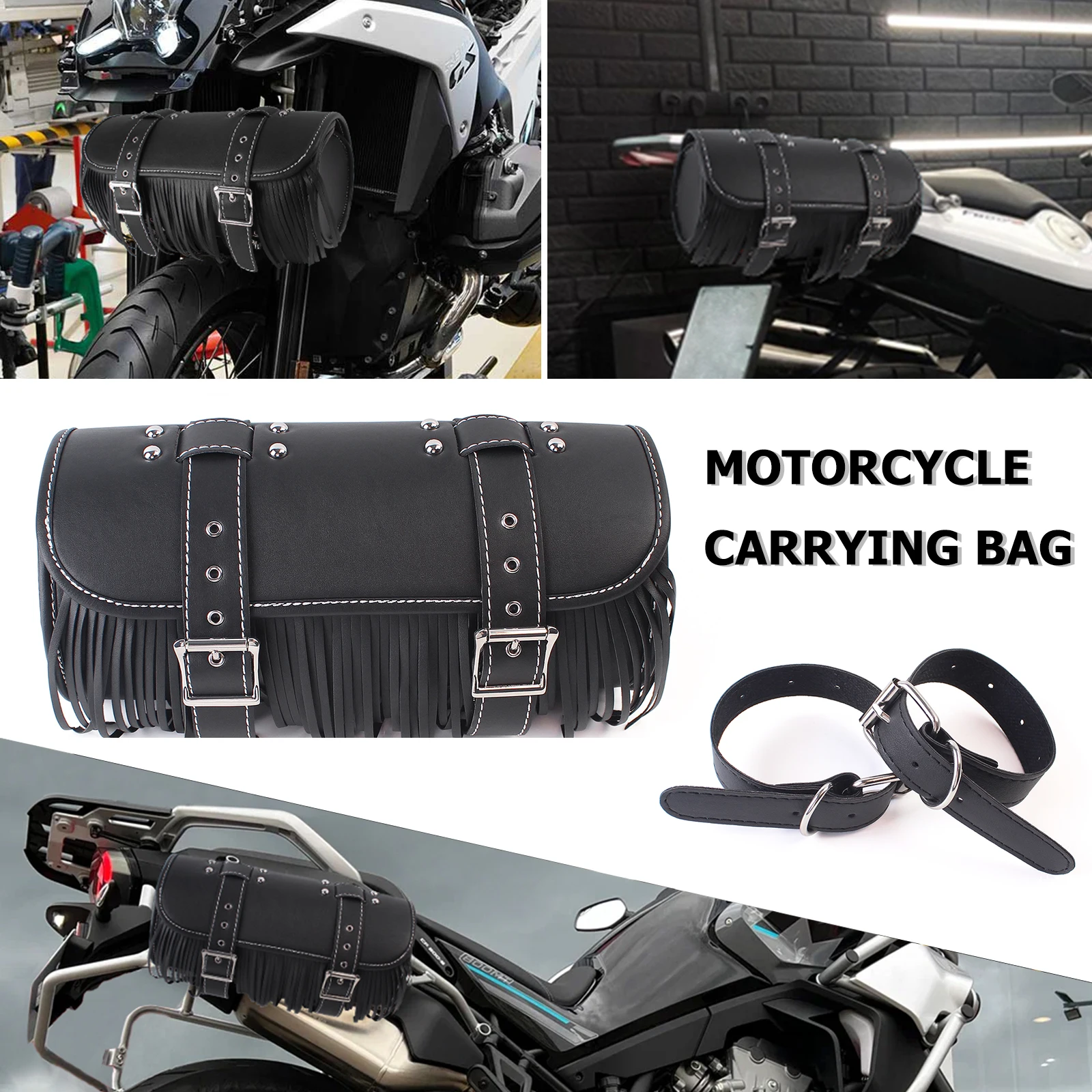 

Universal Big Size Motorcycle Tool Bag Faux Leather Handlebar Roll Bag Waterproof Saddlebag Side Pannier Retro Sissybar Pack