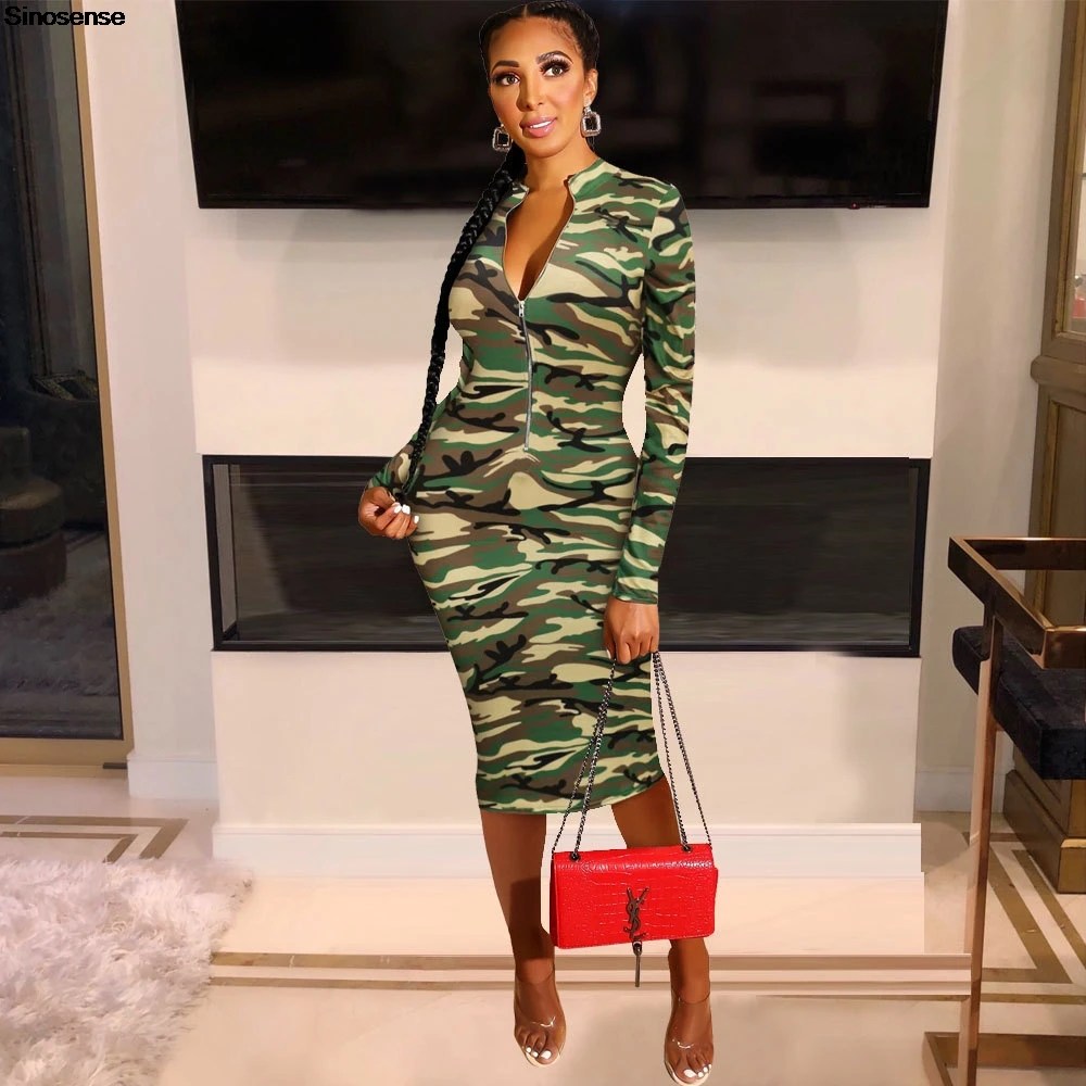 Women's Camo Print Bodycon Midi Dress Sexy Zip Up Crew Neck Long Sleeve Slim Fitted Pencil Dress Daily Wear Street Casual Dress