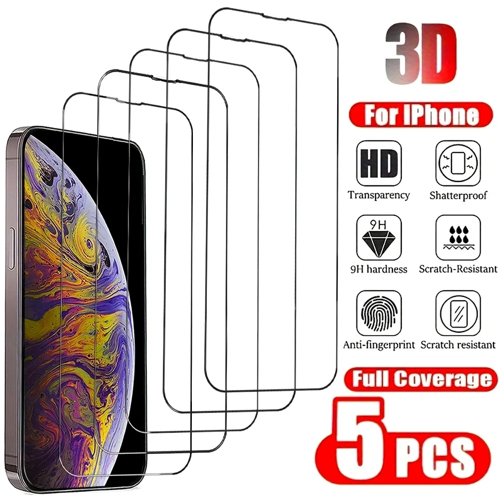 

5Pcs High Clear Tempered Glass for iPhone 17 16 15 Pro Max 14 15 Plus 14 13 12 Pro 17 Air XR XS Max 9H Hardness Screen Protector