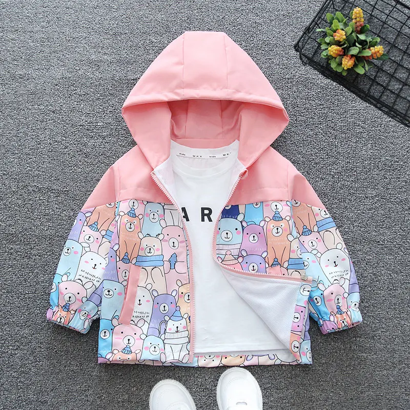 2024 Spring and Autumn Boys and Children\'s Leisure Print Little Bear Pocket Hooded Zipper Coat Children\'s Clothing 6M-6Y