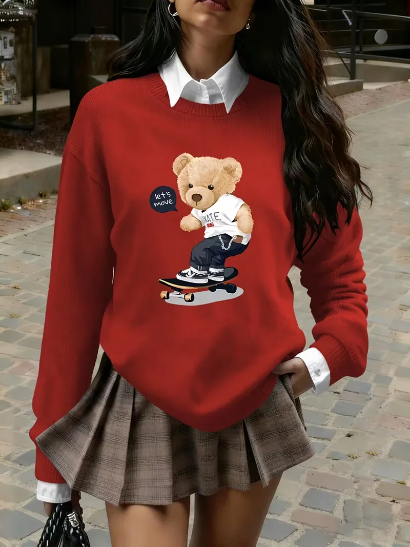 Pull en tricot à col rond pour femme avec imprimé ours skateboard