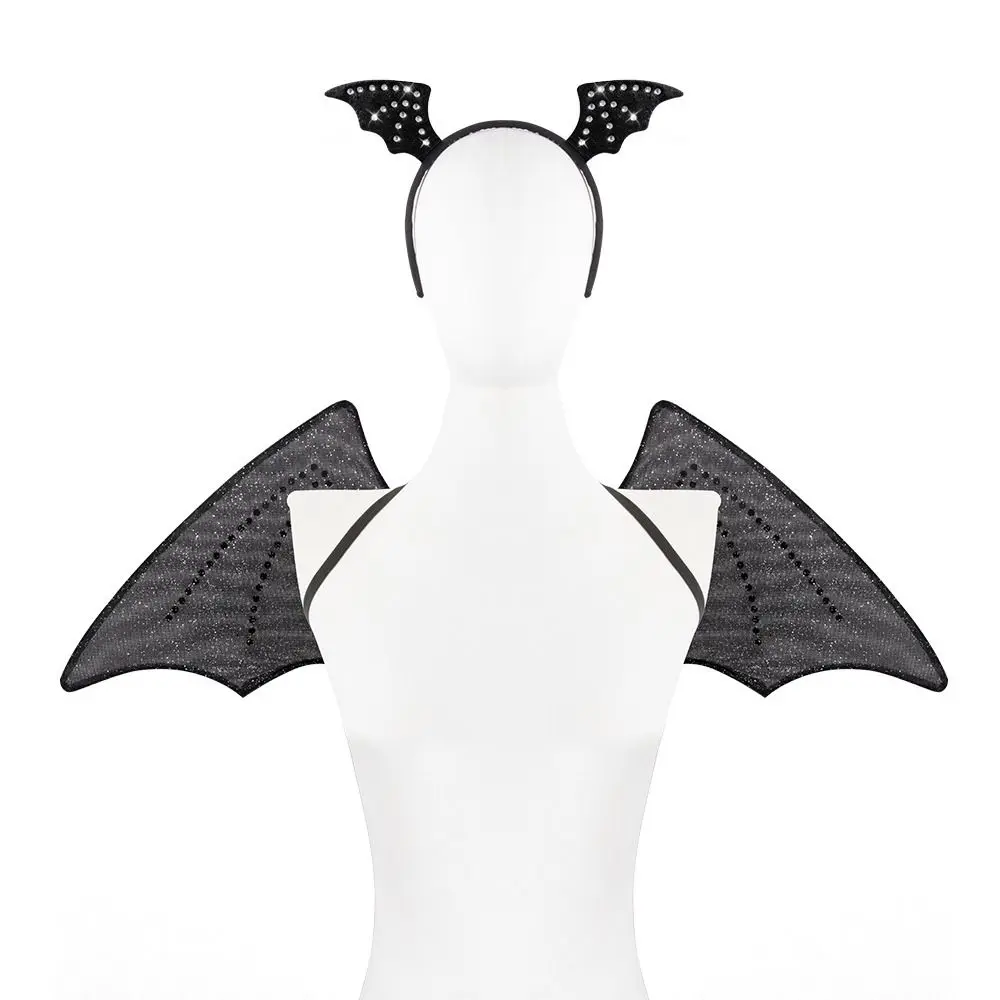 グリッターバットヘッドバンド羽セット折りたたみ式ブラックバットコスチュームキット鉄線弾性ショルダーストラップハロウィンコスプレ衣装