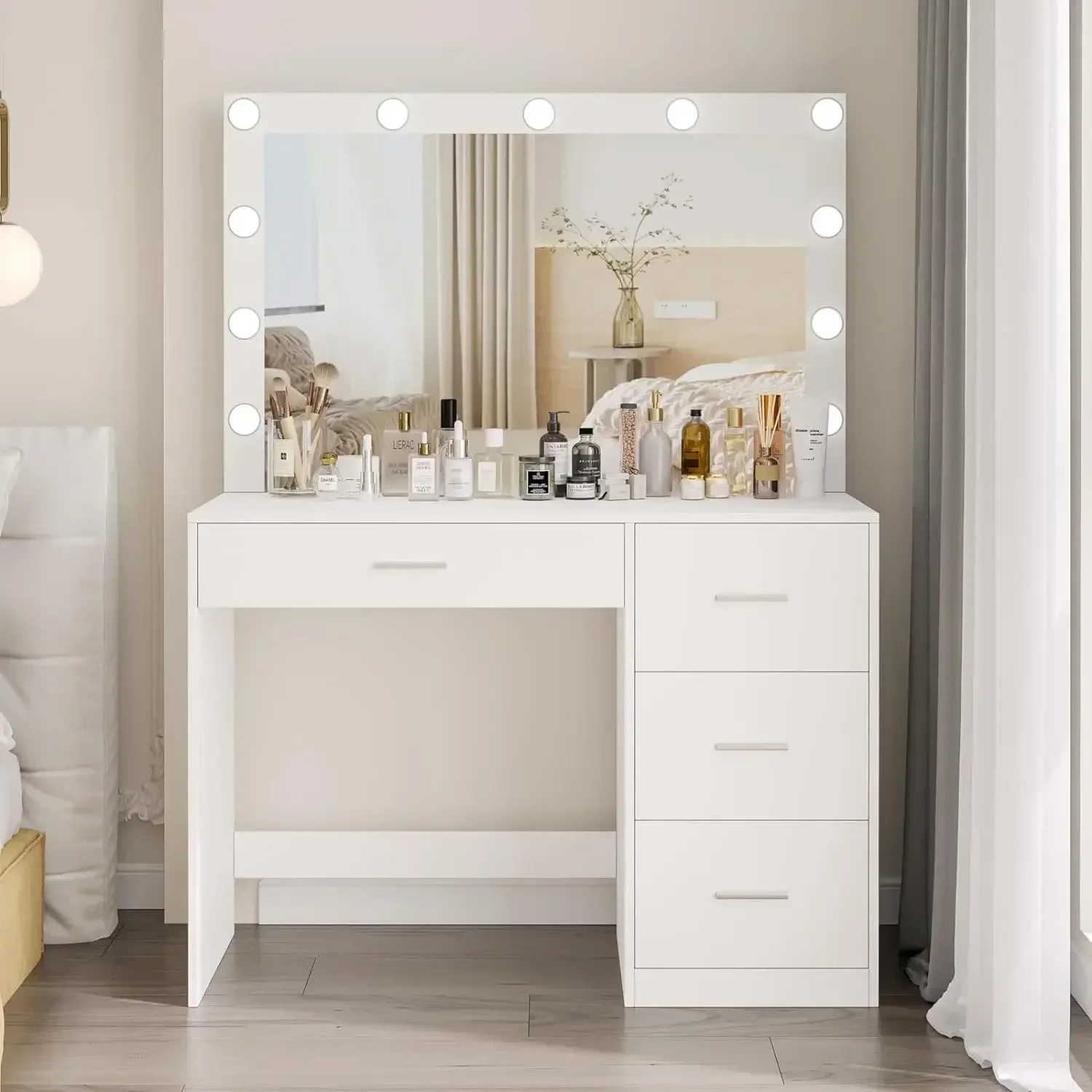 Makeup Vanity Table, Makeup Table with Large Mirror and 11 LED Lights, Brightness Adjustable, Dressing Table Desk with 4 Drawers