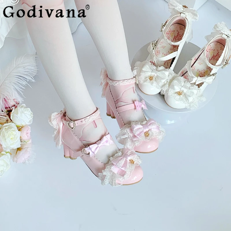 

Sweet Woman's Wedding Mid Heel Pumps Autumn New Women's Cute Bow Lace Elegant Princess Lo Mary Jane Shoes Lolita Leather Shoes
