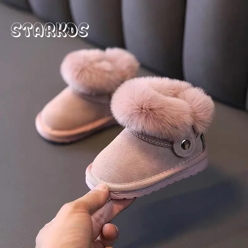 Botas de nieve de piel rosa y gris para bebé, botines cálidos de felpa suaves para invierno, Botas de piel con cremallera lateral de diseño clásico de marca para niño y niña