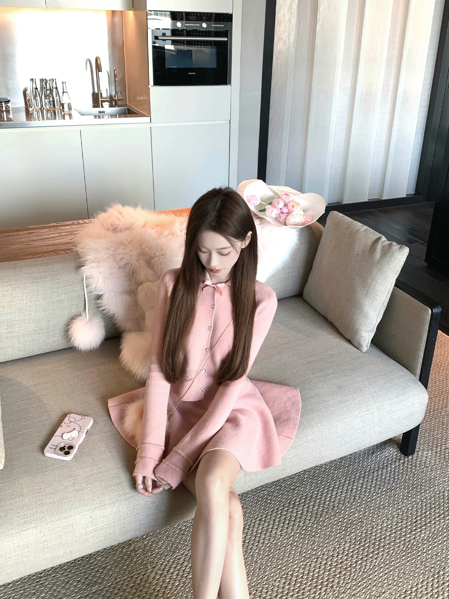 

Комплект Coolline Seoul Lovers: вязаный топ с воротником-стойкой и двухцветной розово-розовой юбкой с высокой талией, модный повседневный стиль для женщин