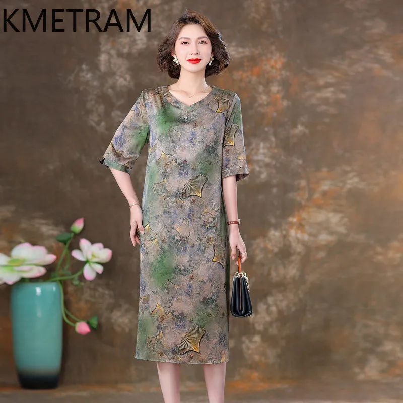KMETRAM 90% Mulberry Silk Dress Woman 2026 Summer Mid-length Middle-aged Large-size V-neck Silver Leaf Printed Dress Ropa Mujer