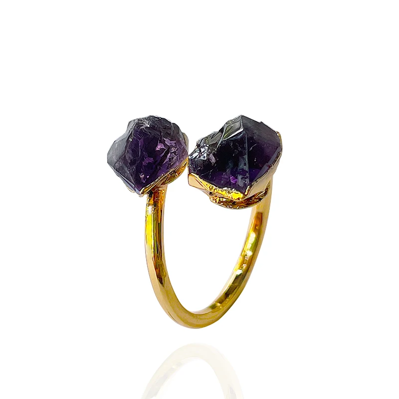 Irregular Natural Stone Crystal Open Ring for Women Raw Amethyst Finger Jewelry Resizable