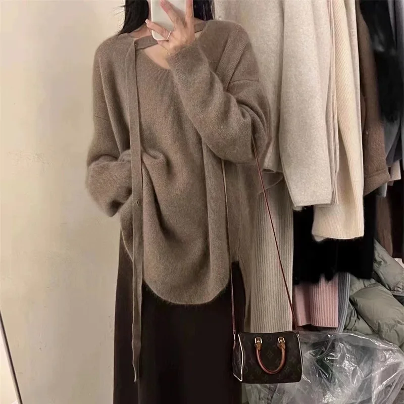 2025 Autumn/Winter New Design Knitted Sweater with Waist Strap Side Buckle Gentle Style Solid Color Sweater for Women