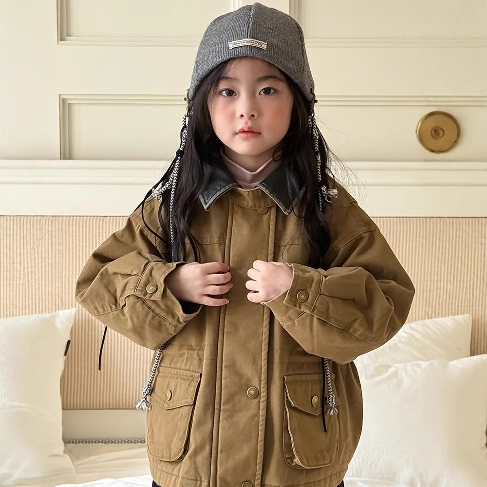 

Girls Outerwear 2025 Autumn Winter Korean Version Leather Collar Jacket Fashion Daily Western-style Casual Versatile Temperament