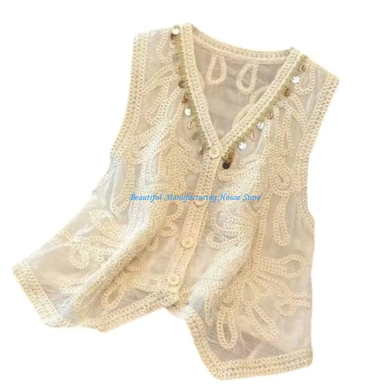 E56A المرأة خمر الكروشيه التطريز أكمام سترة سترة الخامس الرقبة شرابات زر الجبهة قطع علوية بدون أكتاف عطلة صدرية #4