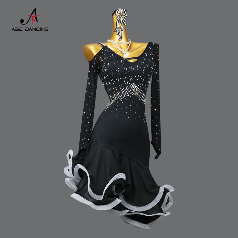 New Black Latin Dance Competition Clothes Women Sexy Fishbone Girl Short Skirt Ballroom Ladies Evening Practice Wear Customized