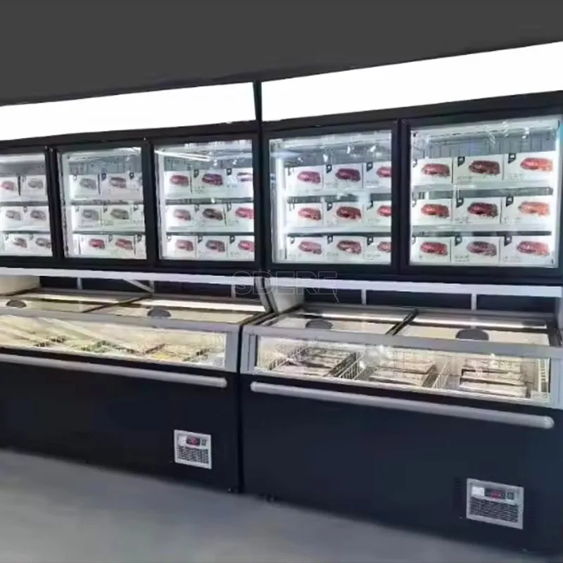 تخصيص سوبر ماركت المحمول تعزيز خزانة جزيرة المكونات في عرض الثلاجة المبرد نظام الصف التجاري