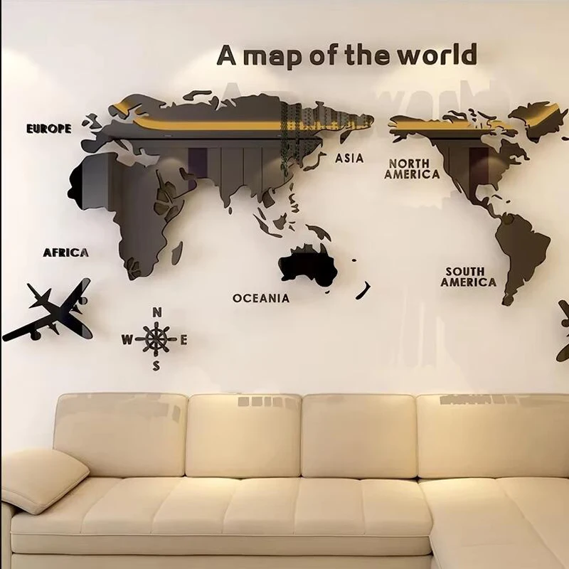 Modern Style World Map Creative Wall Sticker Home Living Room Bedroom Decor Wall Sticker Enterprise Office Acrylic Wall Sticker