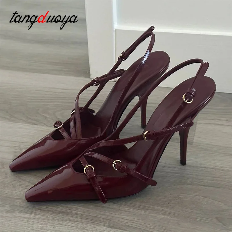 Sexy vino rosso tacchi alti Slingback pompe da donna 2024 nuove scarpe a punta con tacco a spillo scarpe da sera scarpe da donna pompe