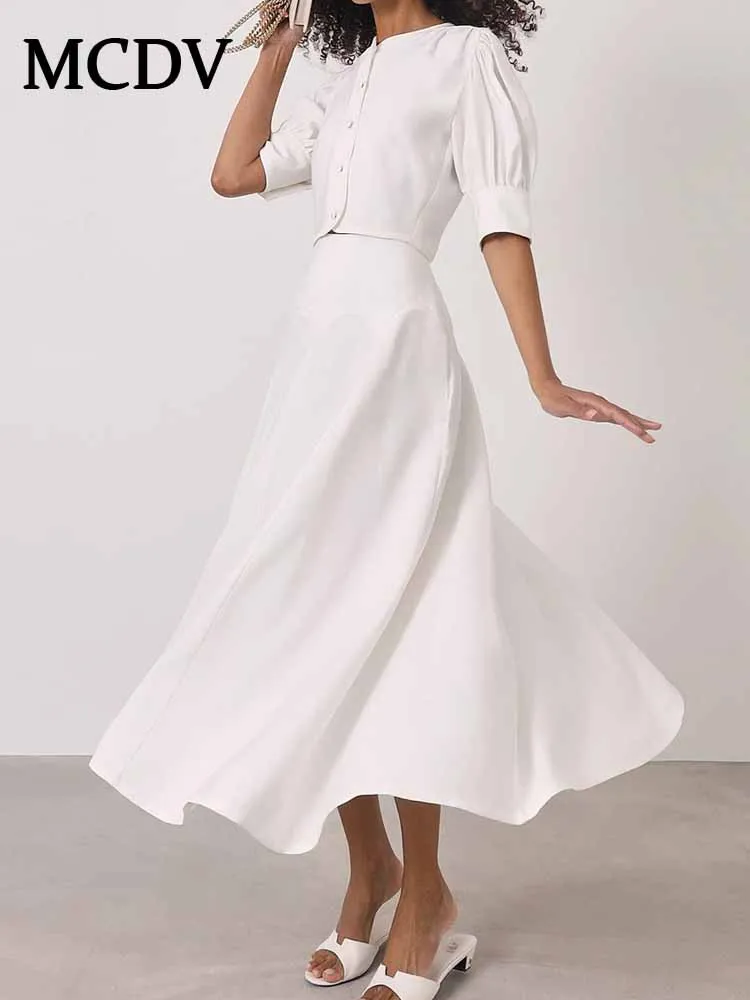 

MCDV Elegant Satin Women Dress Outfit 2025 French New Short Sleeve Button Shirt And High Waist Long Skirt Temperament Party Suit